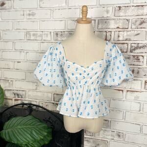 Lizard Thicket Soft Blue White Dot Short Puff Sleeve Peplum Blouse Top Small